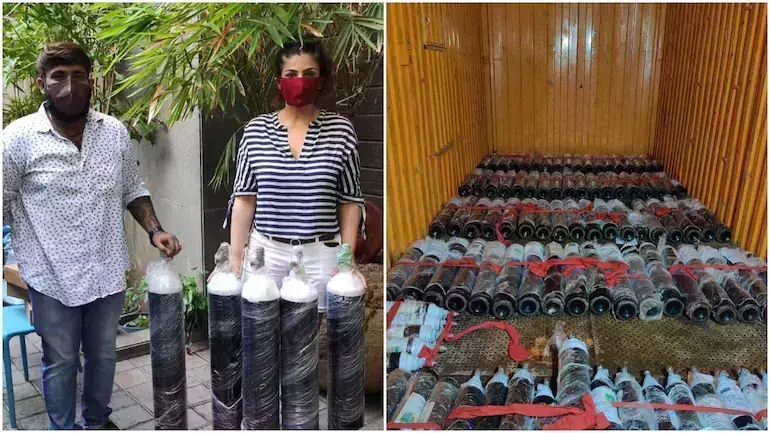 കോവിഡ് രോഗികള്‍ക്കായി ഓക്സിജന്‍ സിലിണ്ടറുകളെത്തിച്ച് നടി രവീണ ടണ്ടന്‍