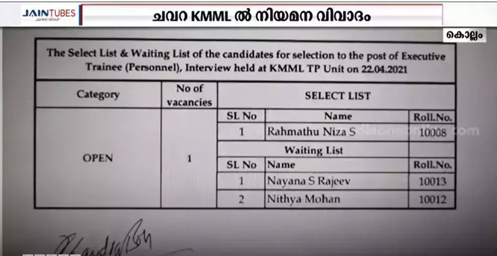 കൊല്ലം ചവറ കെ.എം.എം.എല്ലിൽ വീണ്ടും നിയമന വിവാദം; പരാതിയുമായി എഴുത്ത് പരീക്ഷയിലെ ഒന്നാം റാങ്കുകാരി