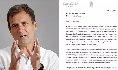 പ്രഫുല്‍ പട്ടേല്‍ ലക്ഷദ്വീപ് ജനതയുടെ ഭാവി ആശങ്കയിലാക്കി: പ്രധാനമന്ത്രിക്ക് രാഹുല്‍ ഗാന്ധിയുടെ കത്ത്