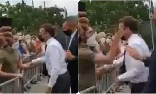 ഹസ്തദാനം നൽകിയ ഫ്രഞ്ച് പ്രസിഡന്റ് ഇമ്മാനുവൽ മാക്രോണിന്‍റെ മുഖത്തടിച്ച് യുവാവ്