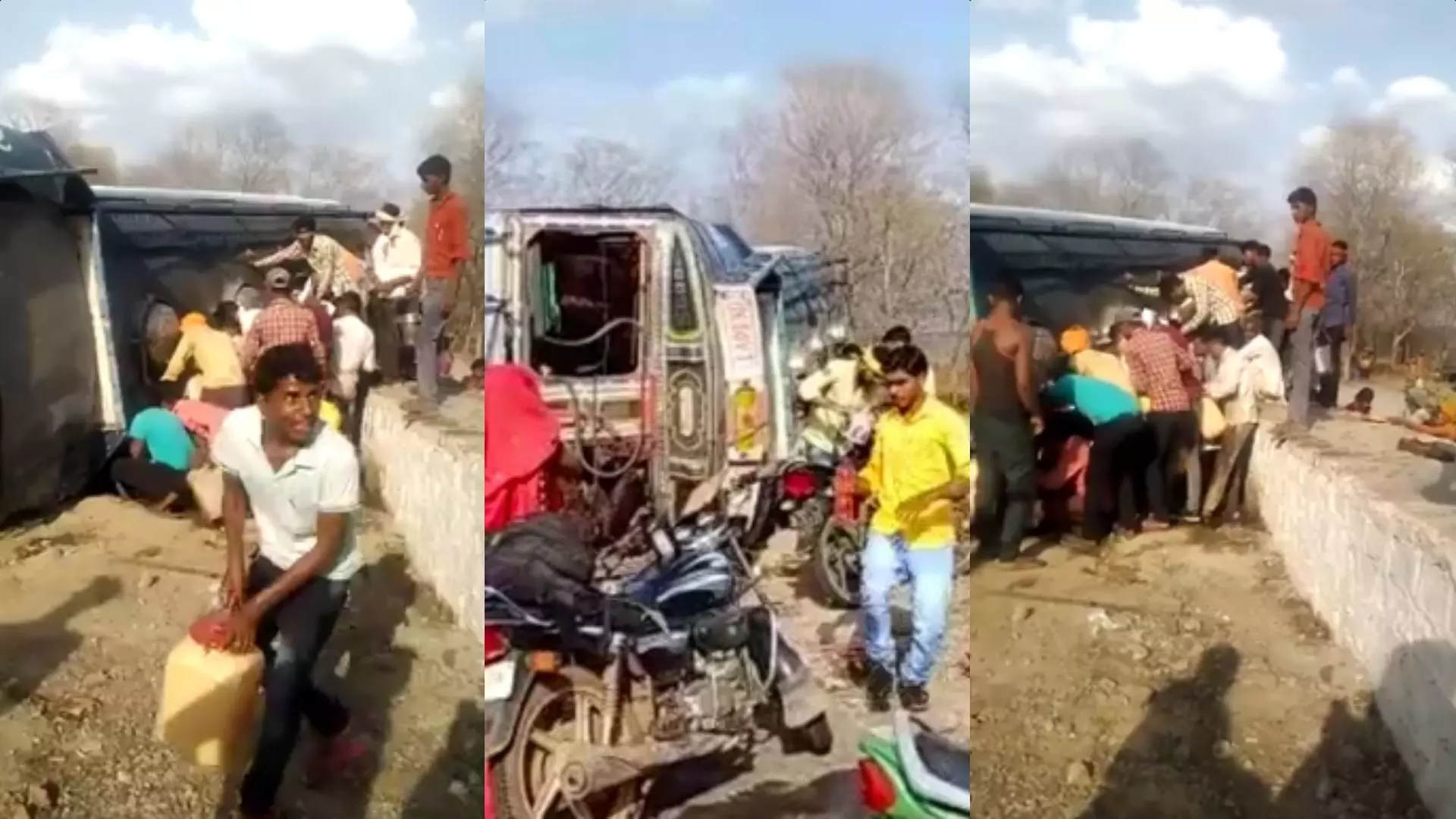 ഇന്ധന ടാങ്കര്‍ മറിഞ്ഞ് അപകടം; പെട്രോള്‍ ഊറ്റി നാട്ടുകാര്‍, ഡ്രൈവറെ രക്ഷിക്കാന്‍ മറന്നു- വീഡിയോ