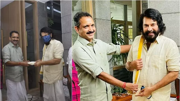മമ്മൂട്ടിയെ ആദരിച്ച് ബി.ജെ.പി; വീട്ടിലെത്തി പൊന്നാടയണിയിച്ച് കെ സുരേന്ദ്രന് മമ്മൂട്ടിയെ ആദരിച്ച് ബി.ജെ.പി; വീട്ടിലെത്തി പൊന്നാടയണിയിച്ച് കെ സുരേന്ദ്രന്