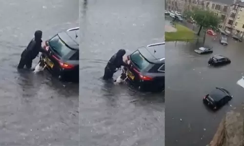 വെള്ളപ്പൊക്കത്തിൽ കുടുങ്ങിയ കാര്‍ തള്ളാന്‍ യുവതിയെ സഹായിക്കുന്ന നായ; മനോഹരം ഈ കാഴ്ച