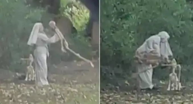 കന്യാസ്ത്രീയുടെ ഗൗണ് ധരിച്ച് സെമിത്തേരിയില് അസ്ഥികൂടത്തിനൊപ്പം നൃത്തം ചെയ്ത് സ്ത്രീ: വൈറലായി ചിത്രങ്ങള് കന്യാസ്ത്രീയുടെ ഗൗണ് ധരിച്ച് സെമിത്തേരിയില് അസ്ഥികൂടത്തിനൊപ്പം നൃത്തം ചെയ്ത് സ്ത്രീ: വൈറലായി ചിത്രങ്ങള്