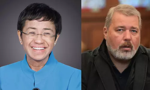 നിര്ഭയ മാധ്യമപ്രവര്ത്തനത്തിന് അംഗീകാരം; സമാധാന നൊബേല് മരിയ റസ്സയ്ക്കും ദിമിത്രി മുറാട്ടോവിനും നിര്ഭയ മാധ്യമപ്രവര്ത്തനത്തിന് അംഗീകാരം; സമാധാന നൊബേല് മരിയ റസ്സയ്ക്കും ദിമിത്രി മുറാട്ടോവിനും