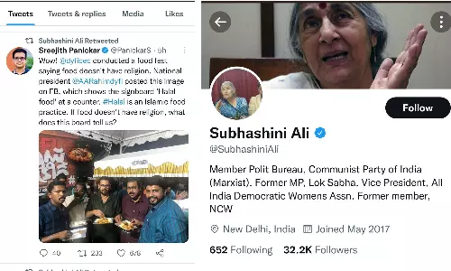 ഭക്ഷണത്തിന് മതമില്ലെങ്കിൽ പിന്നെന്തിനാണ് സമരപ്പന്തലിൽ ഹലാൽ ബോർഡ്?; ഡിവൈഎഫ്ഐ സമരത്തിനെതിരെ പി.ബി അംഗം സുഭാഷിണി അലി ഭക്ഷണത്തിന് മതമില്ലെങ്കിൽ പിന്നെന്തിനാണ് സമരപ്പന്തലിൽ ഹലാൽ ബോർഡ്?; ഡിവൈഎഫ്ഐ സമരത്തിനെതിരെ പി.ബി അംഗം സുഭാഷിണി അലി