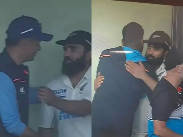 ചരിത്രനേട്ടം; അജാസ് പട്ടേലിനെ ഡ്രസിങ് റൂമിലെത്തി അഭിനന്ദിച്ച് ദ്രാവിഡും കോഹ്‍ലിയും