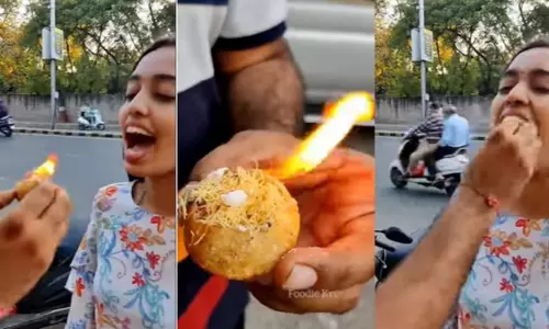 പാനിപൂരി കത്തിച്ച് നേരെ വായിലേക്ക്; വൈറലായി വീഡിയോ