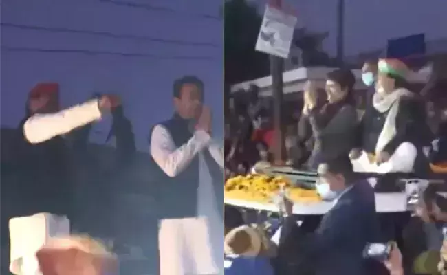 പരസ്പരം കൈവീശി അഭിവാദ്യം ചെയ്ത് പ്രിയങ്കയും അഖിലേഷും; പ്രചാരണത്തിരക്കിനിടയിലെ സൗഹൃദക്കാഴ്ച