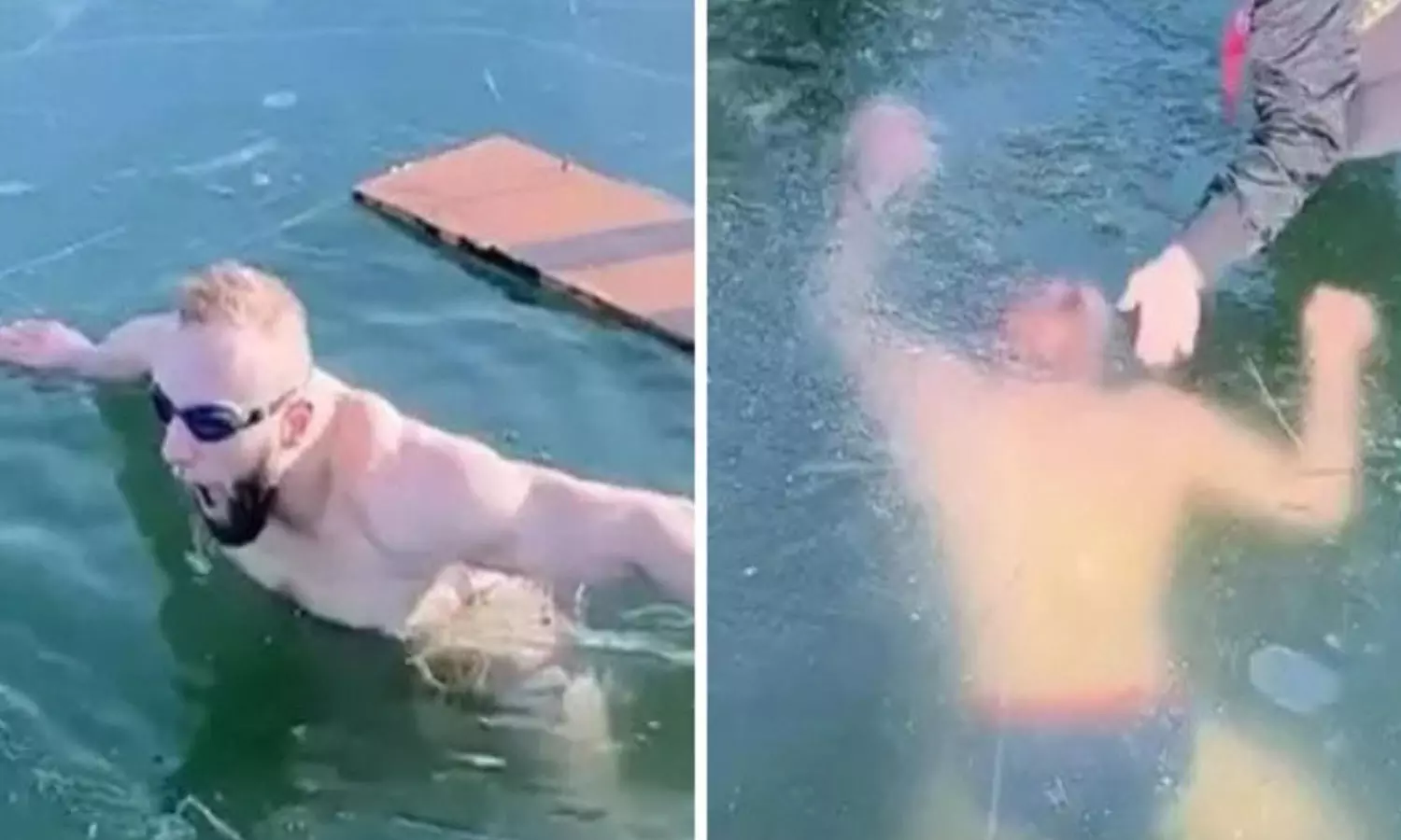 അല്‍പം വൈകിയിരുന്നേല്‍ ഐസായേനേ;  തണുത്തുറഞ്ഞ തടാകത്തില്‍ നീന്തി യുവാവ്