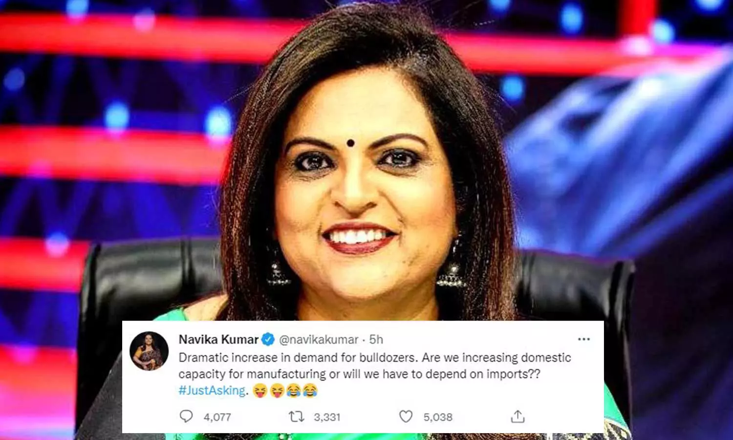 ബുൾഡോസറിന് വൻ ഡിമാൻഡ്, ഇറക്കുമതി തന്നെ വേണ്ടിവരുമോ?; കിടപ്പാടം നഷ്ടപ്പെട്ടവരുടെ വിലാപത്തെ പരിഹസിച്ച് മാധ്യമപ്രവർത്തക നവികാ കുമാർ- വൻ വിമർശം