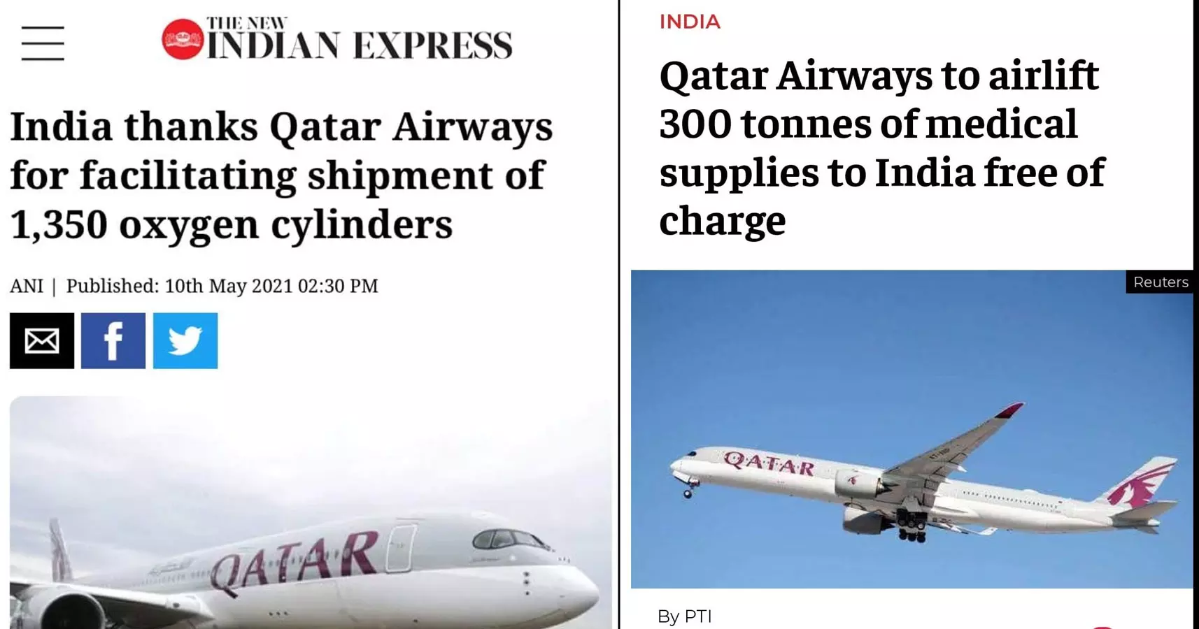 കോവിഡിൽ ഖത്തർ എയർവേയ്‌സ് ഇന്ത്യയിലെത്തിച്ചത് 1350 ഓക്‌സിജൻ സിലിണ്ടര്‍, 300 ടണ്‍ മെഡിക്കല്‍ ഉപകരണങ്ങള്‍