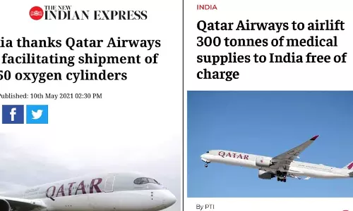 കോവിഡിൽ ഖത്തർ എയർവേയ്‌സ് ഇന്ത്യയിലെത്തിച്ചത് 1350 ഓക്‌സിജൻ സിലിണ്ടര്‍, 300 ടണ്‍ മെഡിക്കല്‍ ഉപകരണങ്ങള്‍