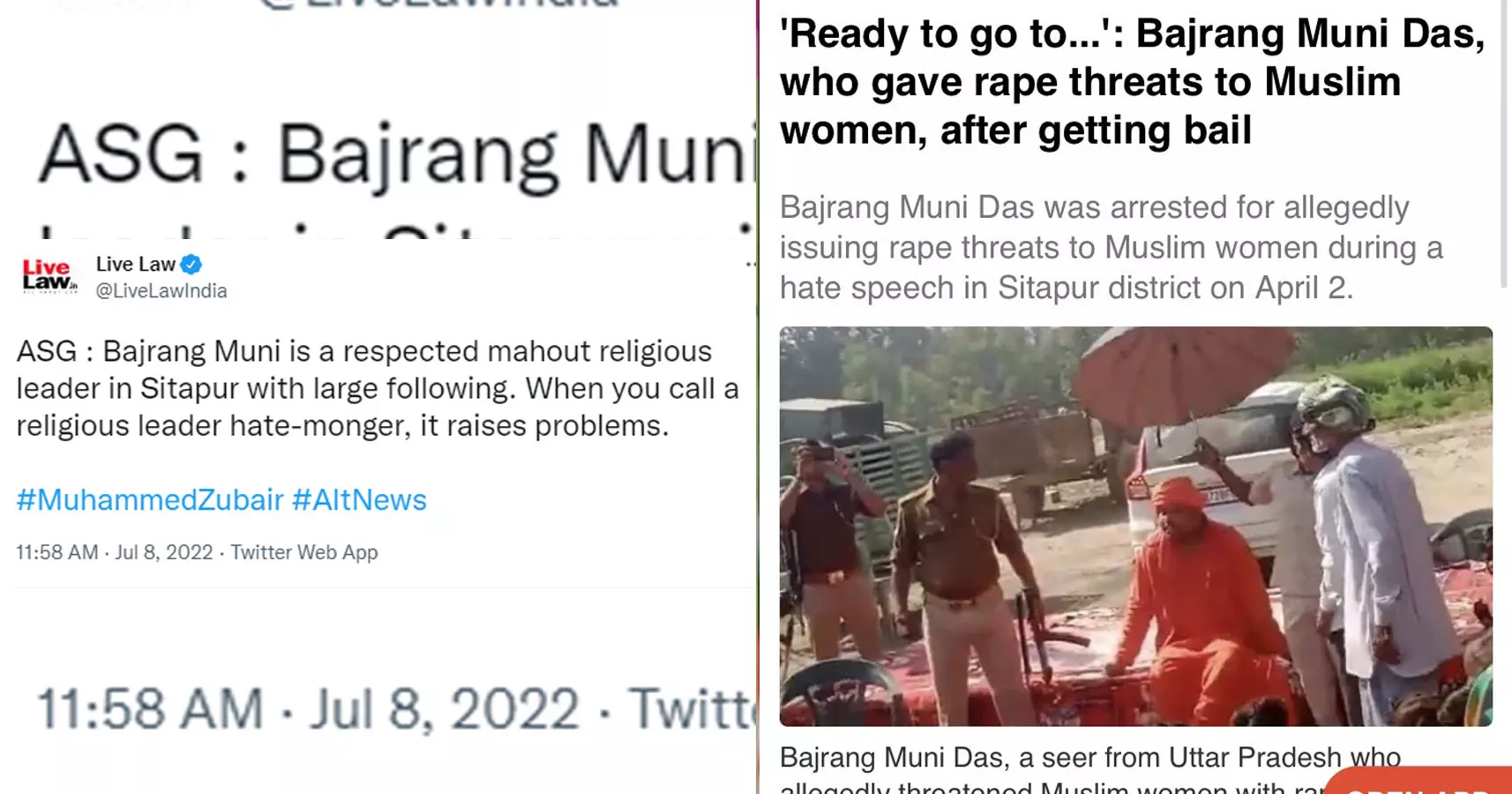 മുസ്‌ലിം സ്ത്രീകൾക്കു നേരെ ബലാത്സംഗ ഭീഷണി മുഴക്കിയ ബജ്‌റംഗ് മുനി ആദരണീയ മതനേതാവെന്ന് യുപി പൊലീസ്