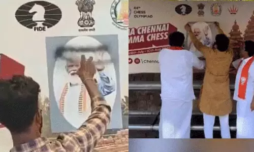 ചെസ് ഒളിമ്പ്യാഡ്  പോസ്റ്ററിലെ മോദിയുടെ ചിത്രത്തിൽ കറുത്ത പെയിന്റടിച്ചു; മൂന്ന് പേർ അറസ്റ്റിൽ