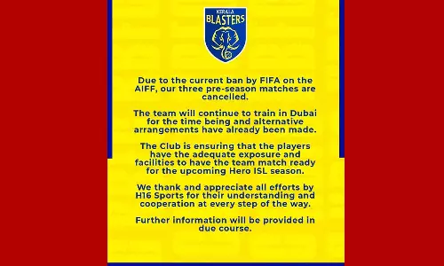 ഇന്ത്യക്ക് ഫിഫയുടെ വിലക്ക്: ബ്ലാസ്റ്റേഴ്സ്- യുഎഇ മാച്ചുകൾ റദ്ദാക്കി ഇന്ത്യക്ക് ഫിഫയുടെ വിലക്ക്: ബ്ലാസ്റ്റേഴ്സ്- യുഎഇ മാച്ചുകൾ റദ്ദാക്കി