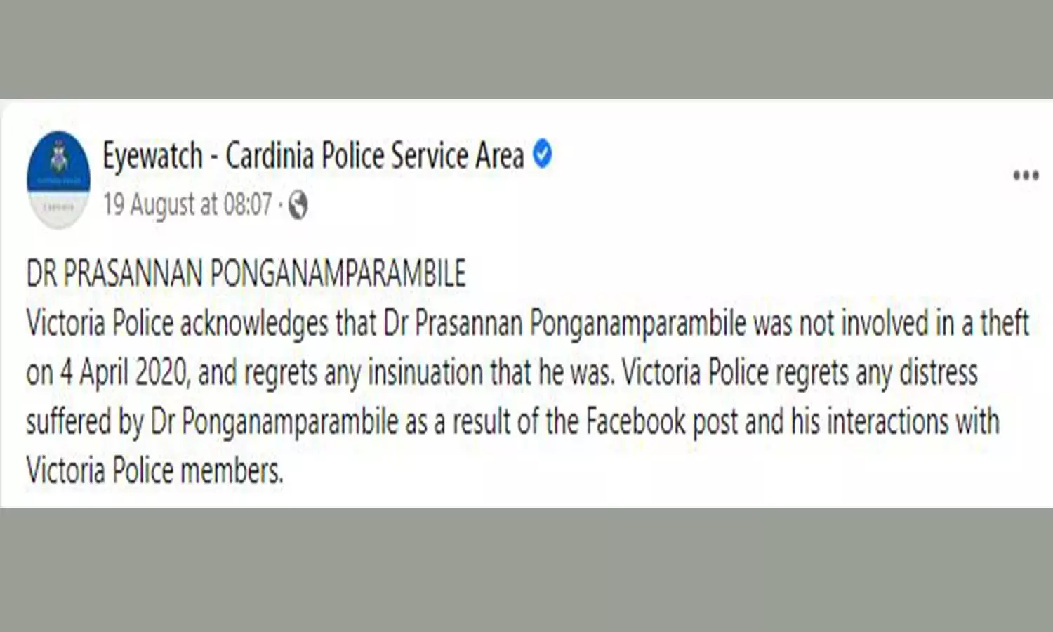 വിക്ടോറിയ പൊലീസ് ഫേസ്ബുക്കില് പങ്കുവച്ച ക്ഷമാപണ കുറിപ്പ് വിക്ടോറിയ പൊലീസ് ഫേസ്ബുക്കില് പങ്കുവച്ച ക്ഷമാപണ കുറിപ്പ്