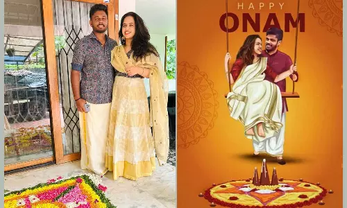 മുണ്ടുടുത്ത് പൂക്കളമിട്ട് ചാരുവിനൊപ്പം സഞ്ജുവിന്റെ ഓണം; ആശംസ നേർന്ന് പ്രമുഖർ