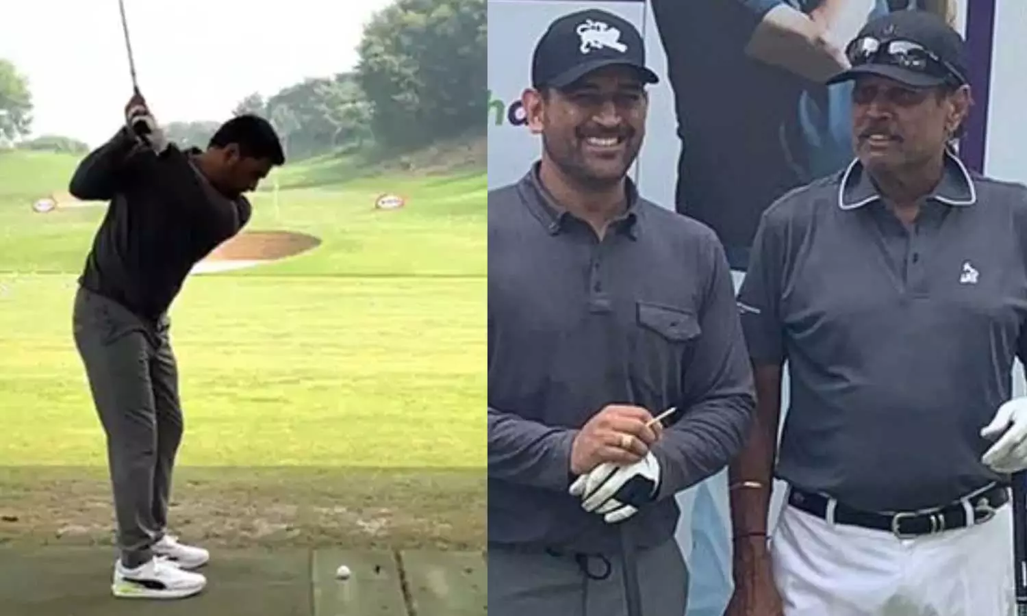 ഹെലികോപ്ടർ ഷോട്ടുമായി ധോണി, കാഴ്ചക്കാരനായി കപിൽ; ഗോൾഫ് മൈതാനത്ത് ഒന്നിച്ച് ഇതിഹാസ നായകർ-വിഡിയോ