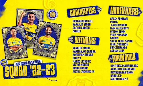 കേരള ബ്ലാസ്റ്റേഴ്സ് എഫ്സി 2022-23 ഹീറോ ഐഎസ്എലിനുള്ള ടീമിനെ പ്രഖ്യാപിച്ചു; കര്‍നെയ്‌റോ ക്യാപ്റ്റന്‍