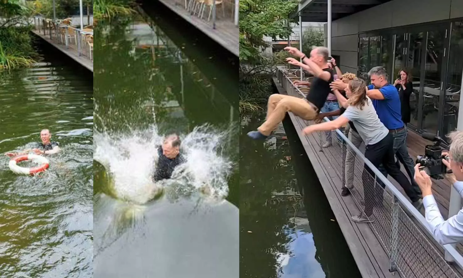 നൊബേൽ ജേതാവിനെ കുളത്തിലേക്ക് തള്ളിയിട്ടു; ആഘോഷമാക്കി സഹപ്രവർത്തകർ