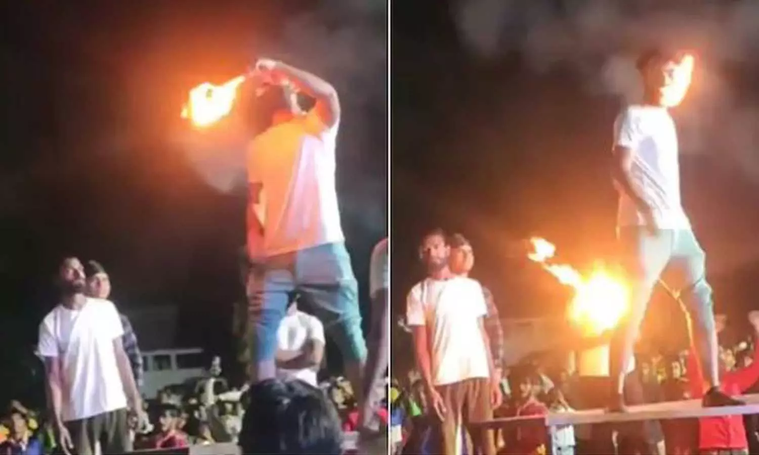 ഫയർ സ്റ്റണ്ടിനിടെ താടിക്ക് തീപിടിച്ചു; യുവാവ് തലനാരിഴക്ക് രക്ഷപ്പെട്ടു ഫയർ സ്റ്റണ്ടിനിടെ താടിക്ക് തീപിടിച്ചു; യുവാവ് തലനാരിഴക്ക് രക്ഷപ്പെട്ടു