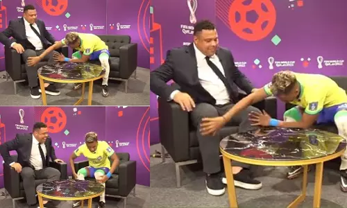 അഭിമുഖത്തിനിടെ റൊണാൾഡോയുടെ കാലിൽ തൊട്ട് ശക്തിയാവാഹിച്ച് റോഡ്രിഗോ; വീഡിയോ വൈറൽ