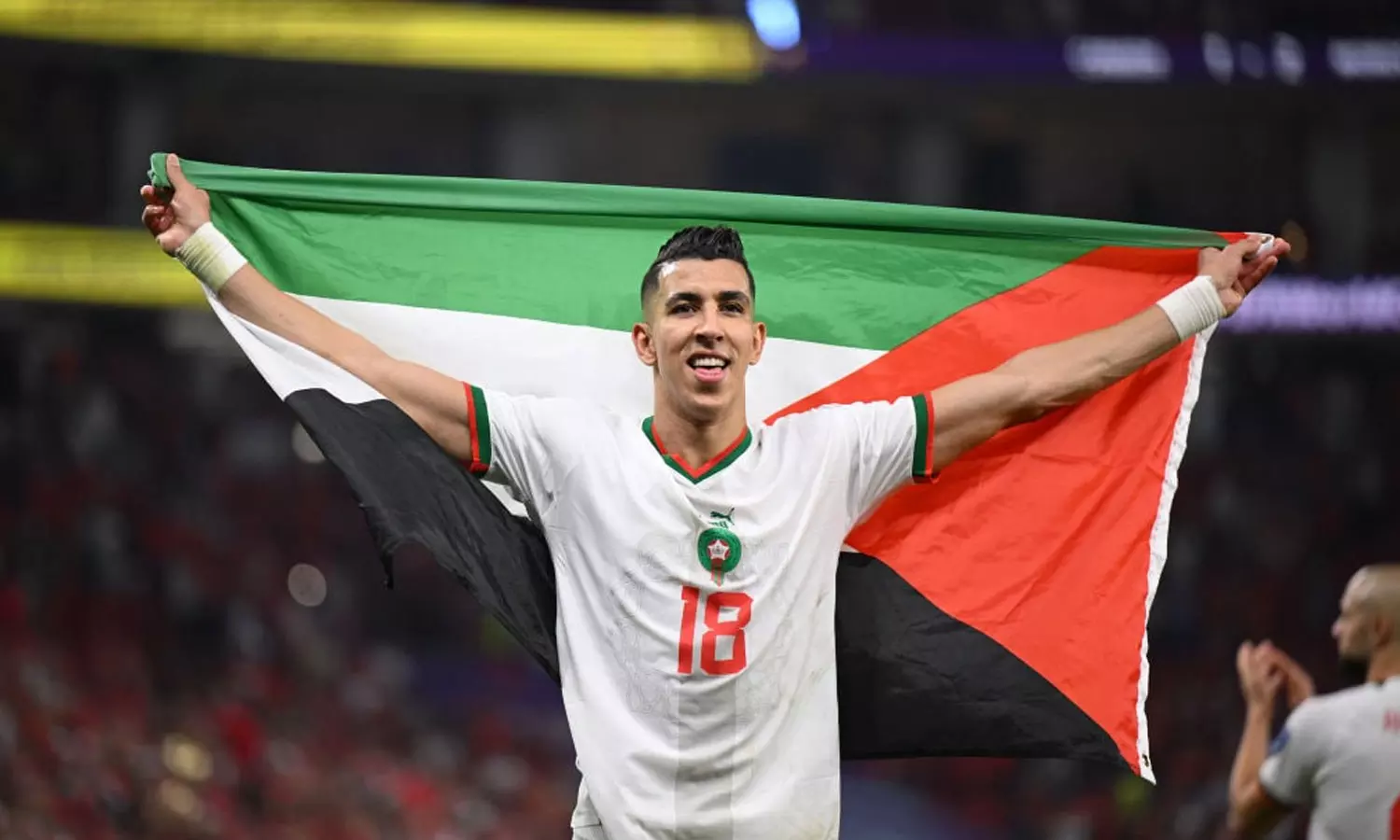 ഐക്യദാർഢ്യം; ഫലസ്തീൻ പതാക പുതച്ച് മൊറോക്കൻ താരങ്ങൾ