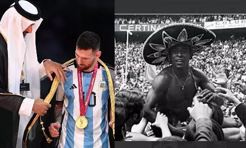 പെലെയെ മെക്‌സിക്കൻ തൊപ്പിയണിയിച്ചപ്പോൾ സംസ്‌കാരം, മെസിയെ ബിഷ്ത് അണിയിച്ചപ്പോൾ വിവാദം; ഇരട്ടത്താപ്പ് ചോദ്യം ചെയ്ത് ആരാധകർ