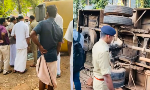 മലപ്പുറത്ത് ഇരുചക്ര വാഹനത്തിന് മേലെ സ്‌കൂൾ ബസ് മറിഞ്ഞ് വിദ്യാര്‍ഥി മരിച്ചു