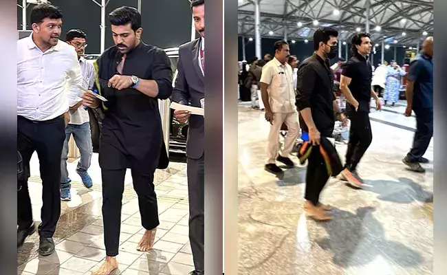 Ram Charan was clicked barefoot at the Hyderabad airport