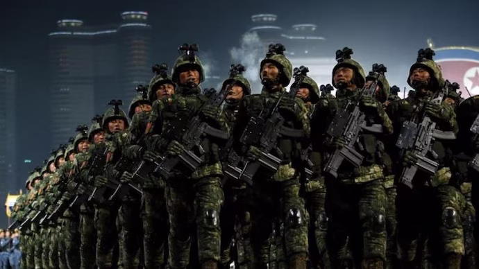 Troops take part in a military parade