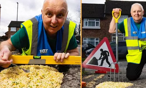 Man fills potholes with Pot Noodles to highlight state of UK roads ,റോഡിലെ കുഴികളിൽ ന്യൂഡിൽസ്  പാകം ചെയ്ത് പ്രതിഷേധം,