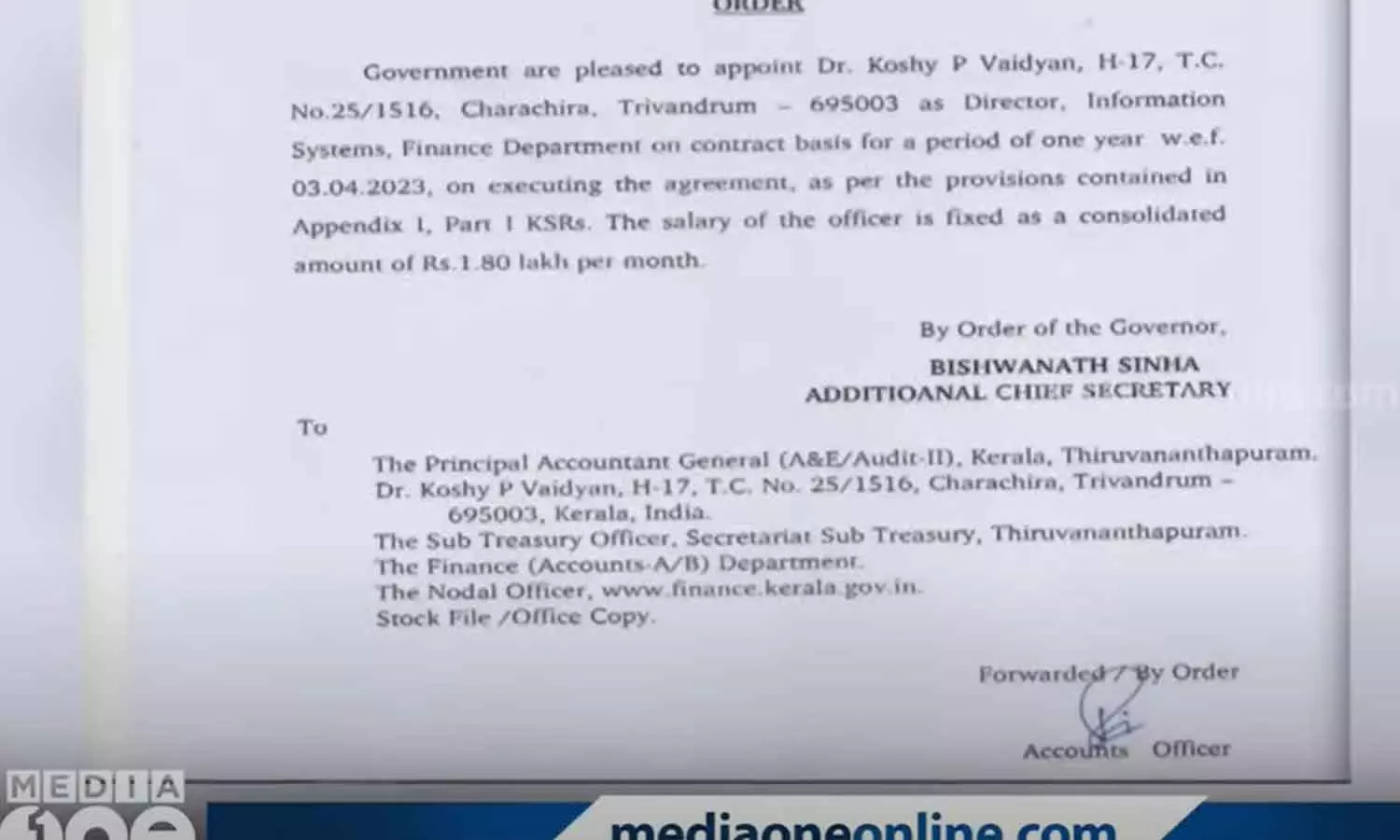 Koshi P Vaidhyan appointed finance department in contract Koshi P Vaidhyan appointed finance department in contract