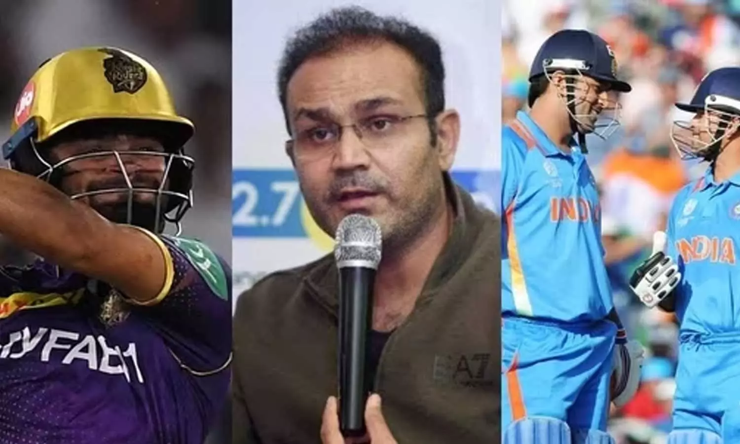 Rinku Singh; Virender Sehwag; Sachin Tendulkar with MS Dhoni