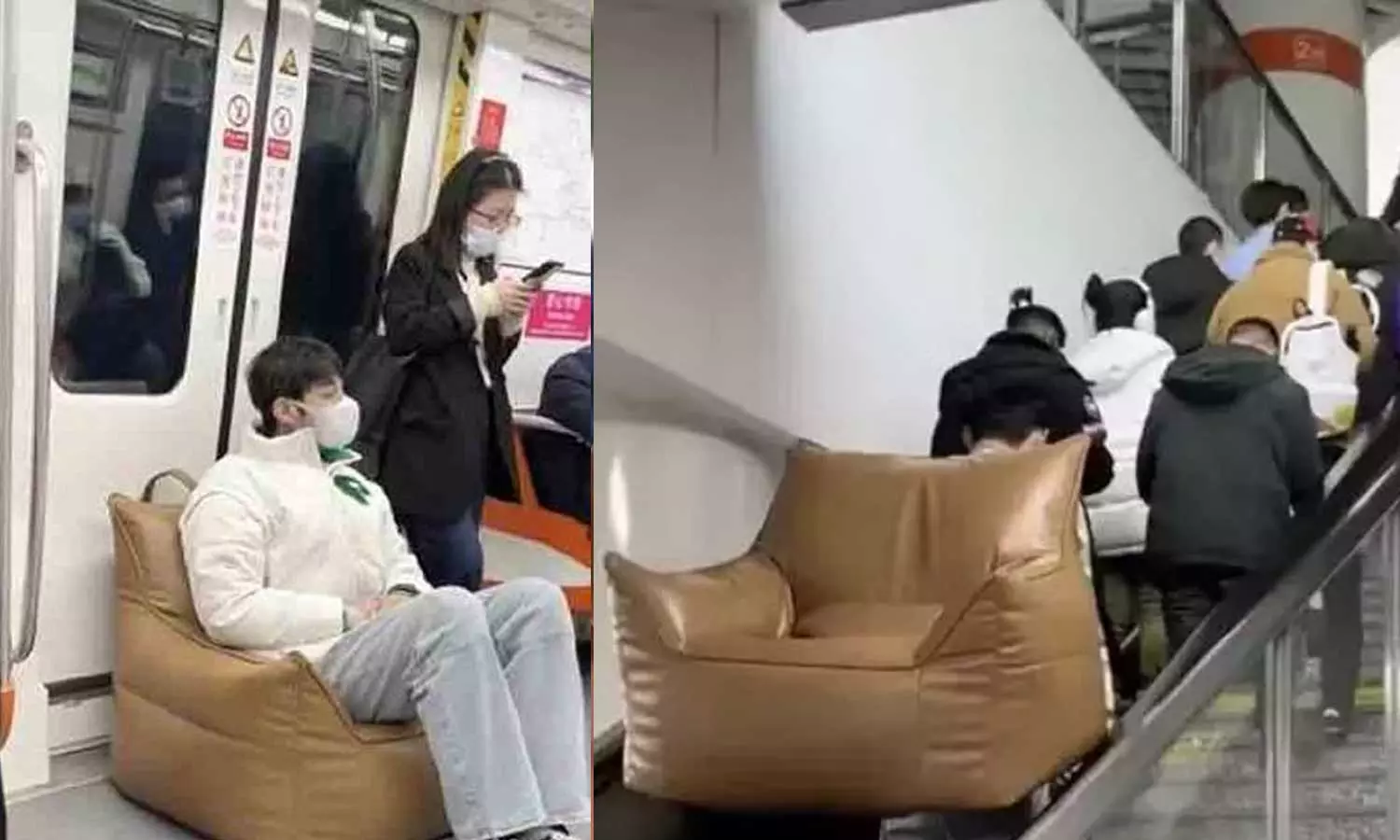 young man metro train carries sofa around to sit on,Man Fed Up With Not Getting Seat On Metro Train Carries Sofa,സീറ്റില്ലാത്ത മെട്രോ യാത്ര മടുത്തു; വീട്ടിൽ നിന്ന് സോഫയുമായെത്തി യുവാവ്,world news