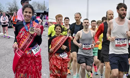 Indian woman runs Manchester Marathon in Sambalpuri saree,കൈത്തറി സാരിയുടുത്ത് 42.5 കിലോമീറ്റർ മാരത്തോൺ ഓട്ടം പൂർത്തിയാക്കി; മാഞ്ചസ്റ്ററിൽ താരമായി ഇന്ത്യക്കാരി,latest world news