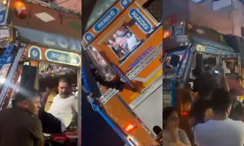 Rahul Gandhi travelling in truck at night