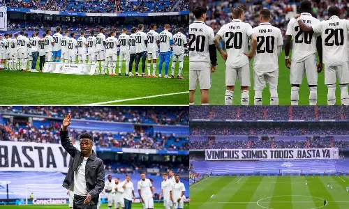 Real Madrid players, fans wear Vinicius Jrs number 20 t shirt, Real Madrid players and fans support Vinicius Jr, Real Madrid players solidarity for Vinicius Jr, Vinicius Jr racial abuse, Vinicius Jr, racism in football