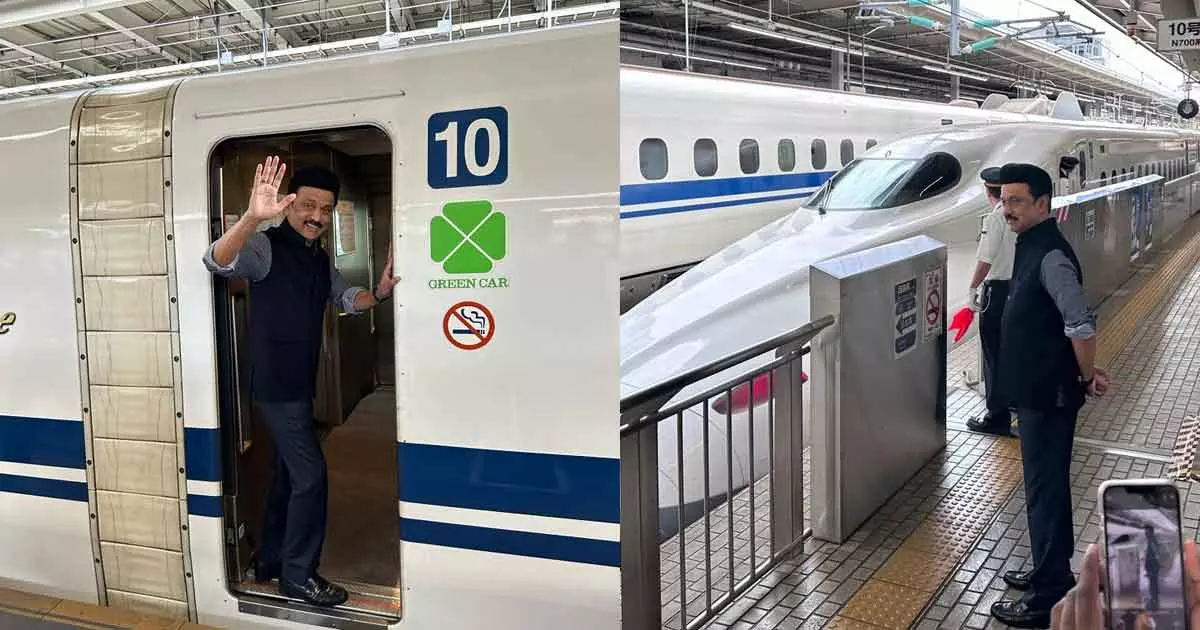 Tamil Nadu CM MK Stalin takes bullet train ride in Japan Tamil Nadu CM MK Stalin takes bullet train ride in Japan