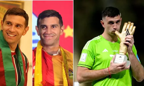 Emiliano Martinez in Mohun Bagan and East Bengal jersey