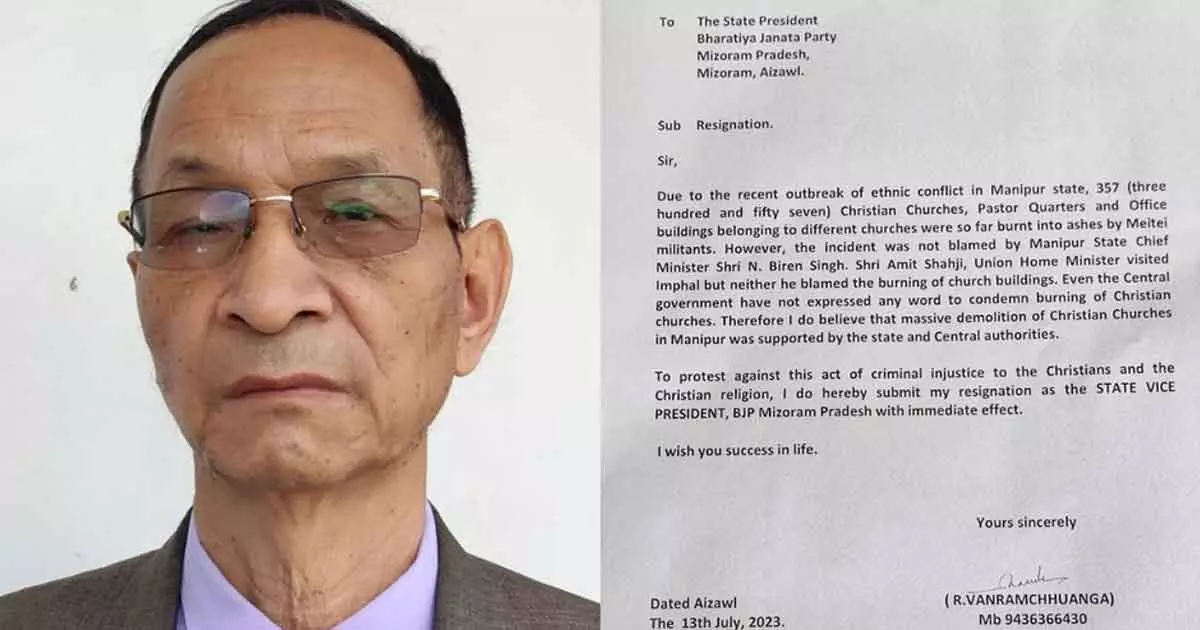 Mizoram BJP vice president resigns to protest attacks on churches in Manipur