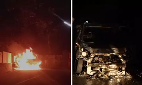 A car caught fire while running in Thrissur; The passengers miraculously escaped A car caught fire while running in Thrissur; The passengers miraculously escaped