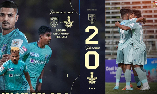 Kerala Blasters take a double-goal lead in the first half of the match against the Indian Air Force Football Team in the Durant Cup.