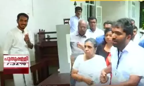 വോട്ട് രേഖപ്പെടുത്തി ജെയ്ക്ക് സി തോമസ്; അമ്മയുടെ കൈപിടിച്ച് ചാണ്ടി ഉമ്മൻ ബൂത്തിലേക്ക്