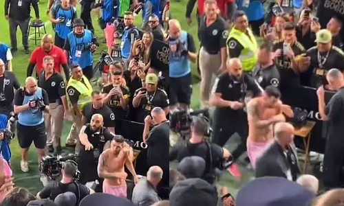 Lionel Messi narrowly escapes from getting hit by water bottle, Lionel Messi hit by water bottle, bottle attack against Lionel Messi, Lionel Messi, Inter Miami Vs Los angeles FC, Lionel Messi