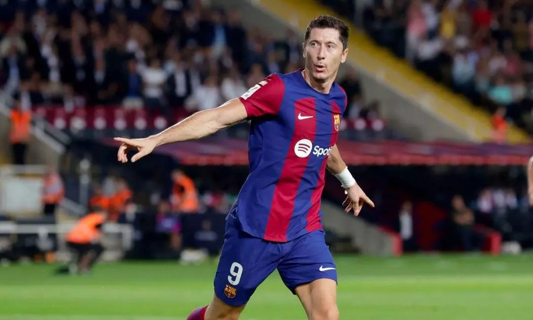 Barcelona striker Robert Lewandowski volleys home 100th European goal to join Lionel Messi and Cristiano Ronaldo in exclusive club