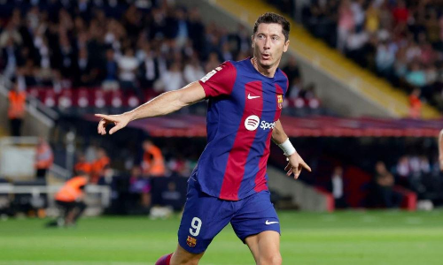 Barcelona striker Robert Lewandowski volleys home 100th European goal to join Lionel Messi and Cristiano Ronaldo in exclusive club