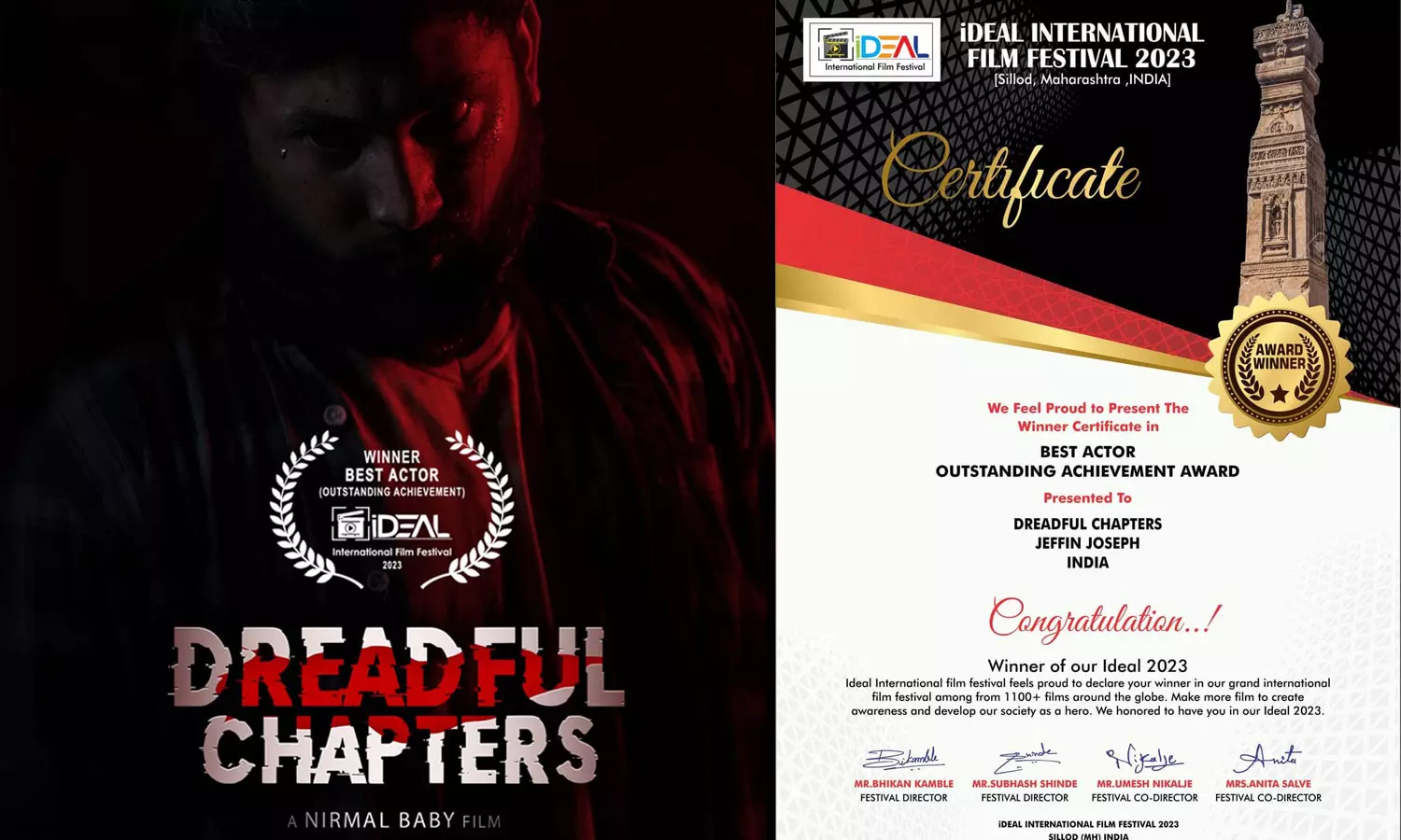 Jeffin Joseph won the best actor award for ‘Dreadful Chapters at Ideal International film festival Jeffin Joseph won the best actor award for ‘Dreadful Chapters at Ideal International film festival