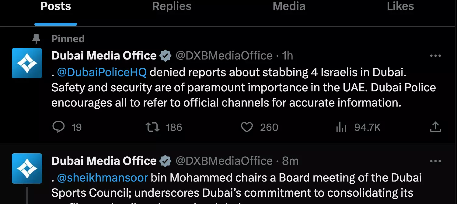 ഇസ്രായേലികൾക്ക് കുത്തേറ്റുവെന്ന പ്രചരണം;   വാർത്ത നിഷേധിച്ച് ദുബൈ പൊലീസ്
